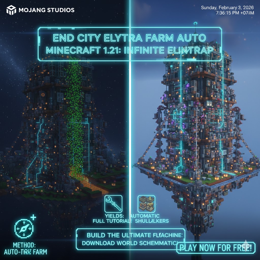 buatkan gambar End City Elytra Farm Auto Minecraft 1.21: Infinite Elytra